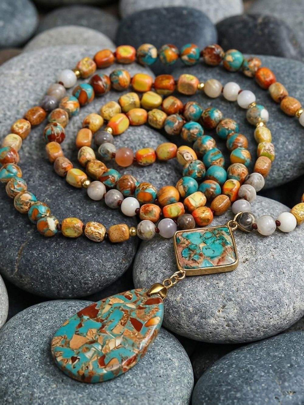 NWOT Handmade Boho Turquoise & Jasper Beaded Pendant Necklace